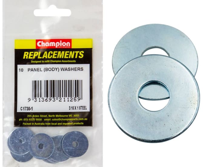 Flat steel panel washer pack, 3/16 x 1 inch, zinc-coated for corrosion resistance and durability, ideal for construction and DIY projects.