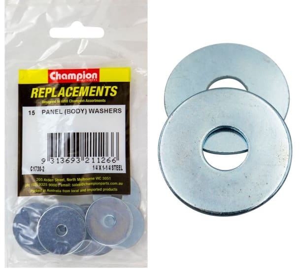 Flat steel washers, 1/4 x 1 1/4 inches, packed in 15 for secure fastening in various projects. Durable and reliable choice.