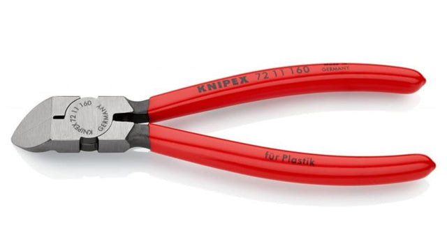 Knipex 160mm diagonal cutters with plastic-coated handles for flush cutting of molded plastic and soft materials.