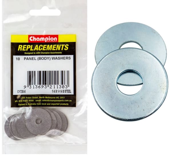 Flat stainless steel panel washers, 1/4 x 1 1/4", 10-pack; ideal for construction and DIY with durable, corrosion-resistant design.