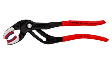 Knipex 250mm siphon and connector pliers with ergonomic grip, adjustable for diameters up to 75mm, ideal for delicate tasks.