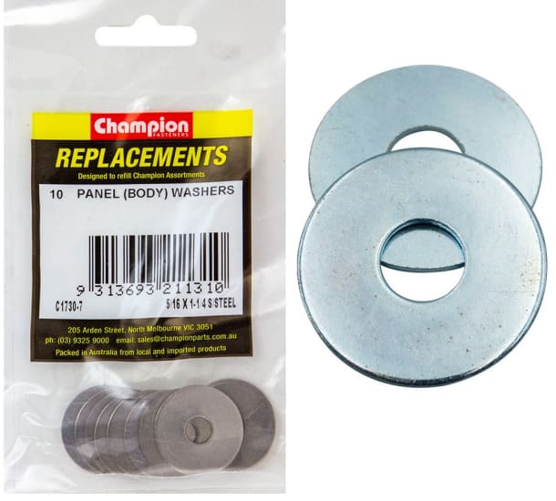 Flat stainless steel washers, 5/16 x 1 1/4 inches, 10-pack; durable and corrosion-resistant for various fastening applications.