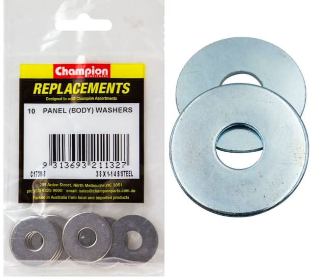 Flat stainless steel panel washers, 3/8 x 1 1/4 inches, 10-pack; durable, corrosion-resistant for secure fastening.