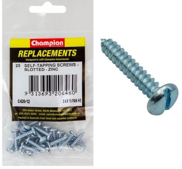 Champion Self-Tapping Screw Pan Head Phillips 10G x 3/4" 25-pack, ideal for easy installation in wood, metal, and plastics.