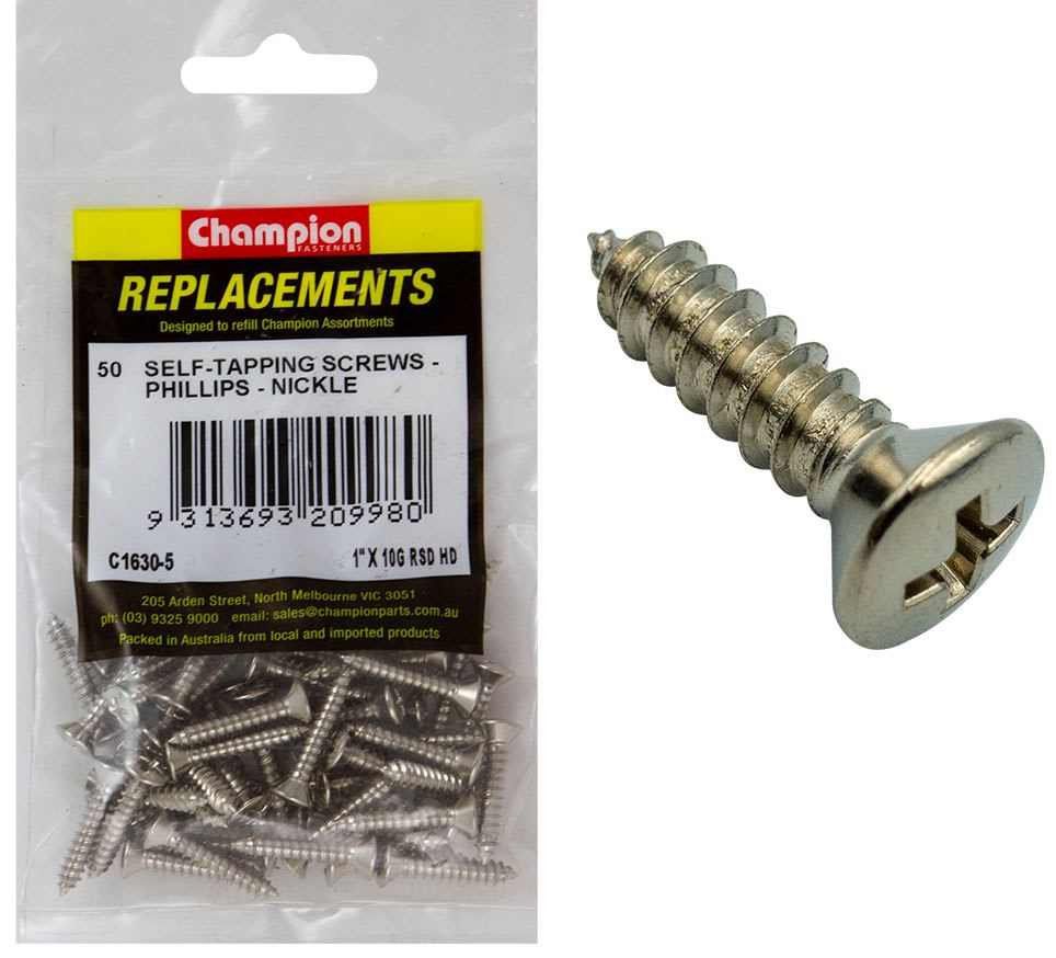Champion Self-Tapping Screw Phillips Head - Nickle 10G x 1" 50 (Pack)