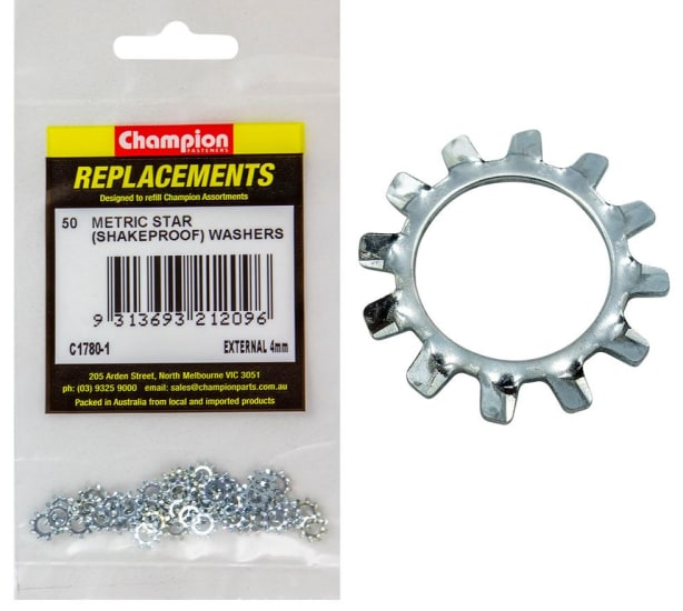 Premium Champion 4mm external star washers in a 50-pack for reliable fastening and load distribution in various applications.