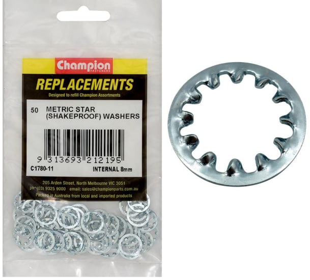 Durable 8mm internal star washers in a 50-pack, ideal for preventing loosening in automotive and construction applications.