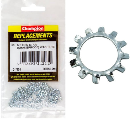 Champion 6mm external star washers in a 50-pack, designed for superior grip and load distribution in various applications.