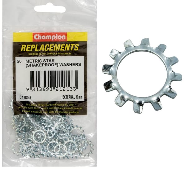 Champion External Star Washer 10mm pack of 50, designed for superior grip and vibration resistance in various fastening applications.