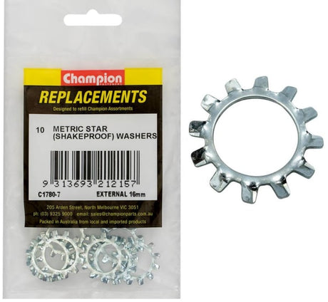 Champion External Star Washer 16mm 10-Pack, durable washers for optimal locking performance in DIY and professional projects.