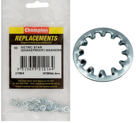 Champion 4mm Internal Star Washer pack of 50 for durable fastening and enhanced grip in various applications.