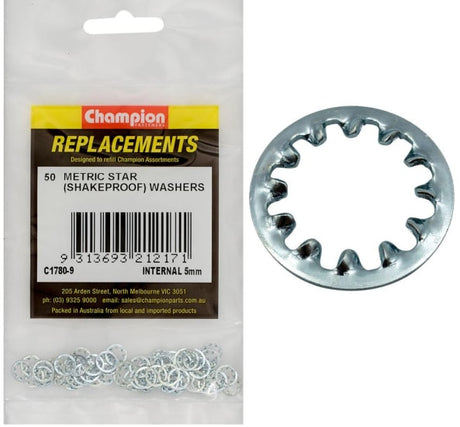 Champion Internal Star Washer 5mm 50-Pack for secure fastening and load distribution in various projects.