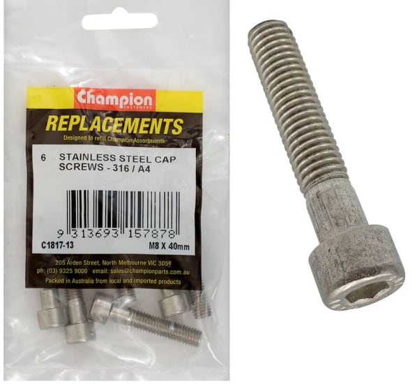 Champion Socket Cap Screw 316/A4-M8 x 40mm six-pack, made from durable stainless steel for corrosion resistance and versatile applications.