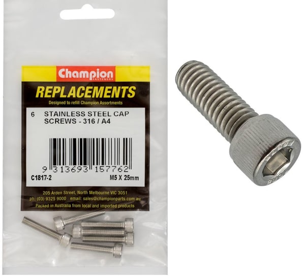 Champion 6-pack of M5 x 25mm socket cap screws made from durable 316 stainless steel for corrosion resistance.