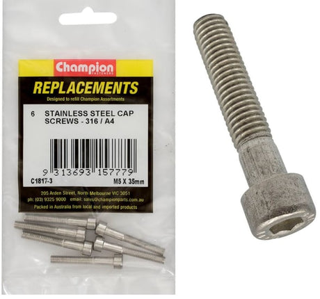 Champion Socket Cap Screw 316/A4-M5, 35mm, 6-pack for durable fastening in marine and industrial environments.