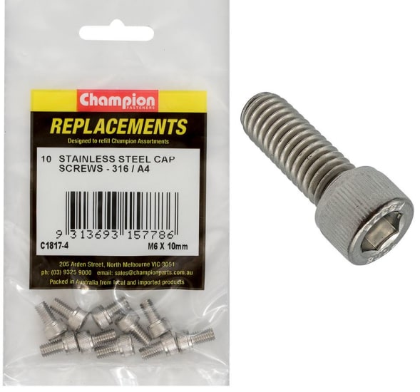 High-quality Champion socket cap screws made from 316 stainless steel, 10mm long, with M6 threading for reliable fastening.