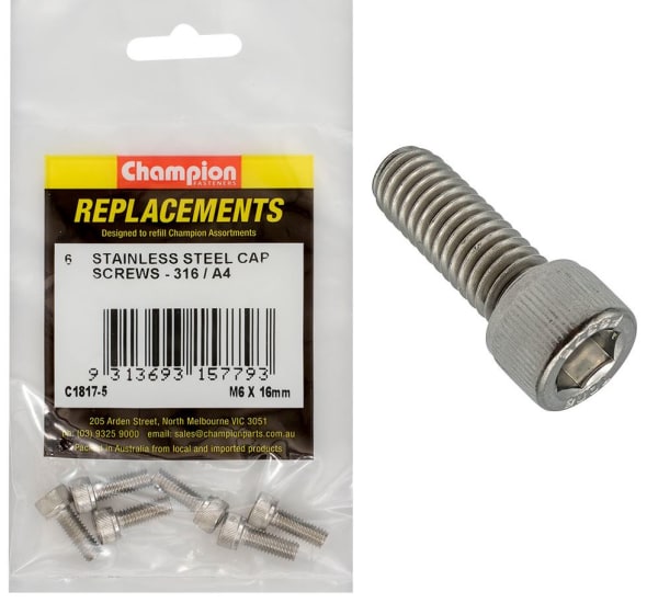 M6 x 16mm stainless steel socket cap screws, 6-pack; corrosion-resistant for durable indoor/outdoor fastening.