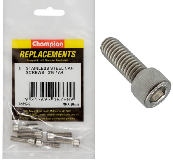 Set of 6 Champion 316/A4 stainless steel socket cap screws, M6 x 20mm, ideal for corrosion resistance in marine and industrial use.