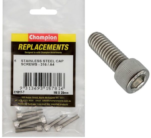 Champion Socket Cap Screw 316/A4-M6 x 25mm - 6-Pack, durable A4 stainless steel screws for secure, corrosion-resistant fastening.