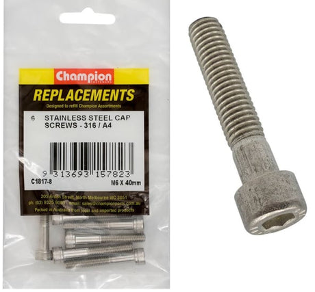 Durable 316 stainless steel socket cap screws, M6 x 40mm, 6-pack for reliable fastening in various applications.