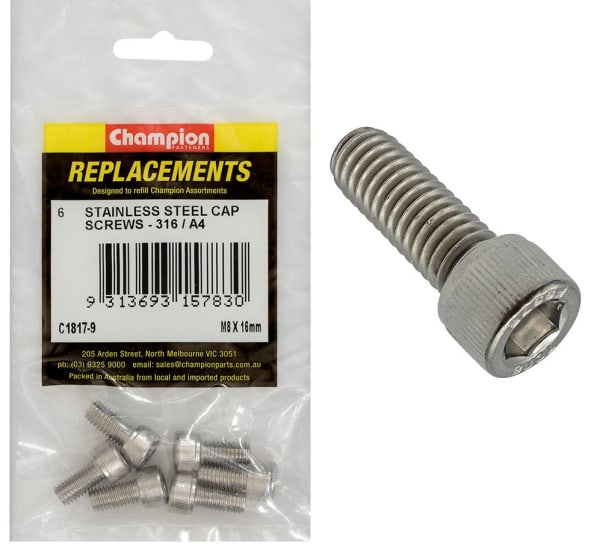 High-quality A4 stainless steel socket cap screws, M8 x 16mm, 6-pack for durable and corrosion-resistant fastening.