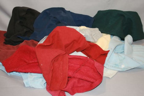 Durable, absorbent sweatshirt rags in assorted colors, perfect for cleaning tools and machinery; manual sorting caution advised.