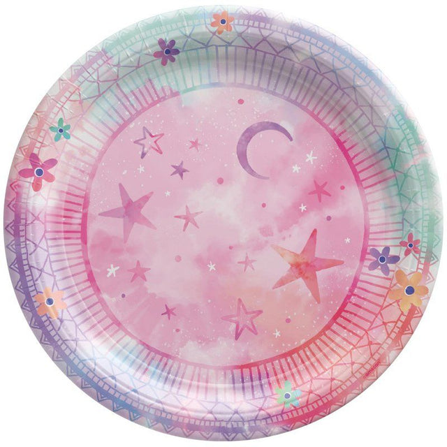 Vibrant 7" round eco-friendly paper plates in a whimsical design, perfect for stylish birthday celebrations and easy cleanup.