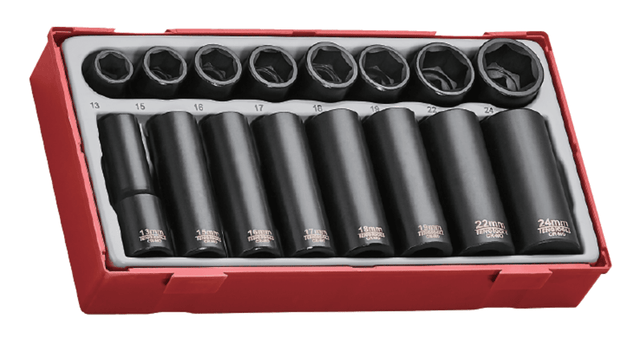 16-piece Teng 1/2" Drive Impact Socket Set in TC tray, featuring Chrome Molybdenum sockets from 13mm to 24mm for durable performance.