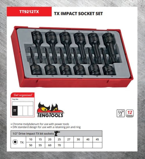 Teng 12 Piece Impact TX Bit Set in TC tray, featuring durable Chrome Molybdenum bits for internal TX heads, sizes TX10 to TX70.