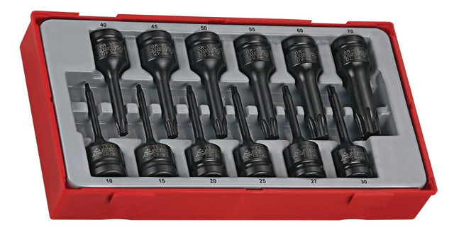 Teng 12 Piece Impact TX Bit Set in a TC tray, featuring durable Chrome Molybdenum bits for internal TX heads, sizes TX10 to TX70.