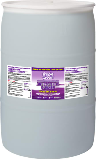Simple Green Antibacterial Cleaner Concentrate in a 208L container, ideal for heavy-duty cleaning and disinfecting with a mild fragrance.