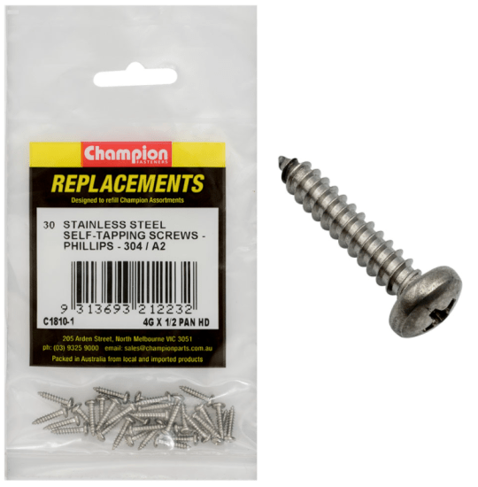 Self-tapping stainless steel screws in a 25-pack, ideal for durable, corrosion-resistant fastening in various materials.