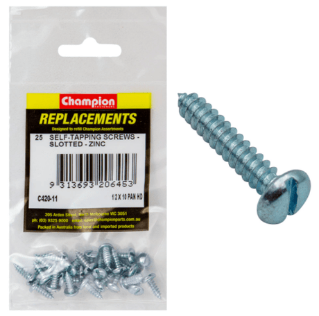 Premium 1/2 X 10 zinc-coated self-tapping screws in a 25-pack, ideal for wood, plastic, and metal projects.