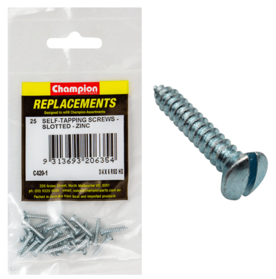 Premium 3/4 X 6 zinc self-tapping screws in a 25-pack, ideal for durable indoor/outdoor use without pre-drilling.