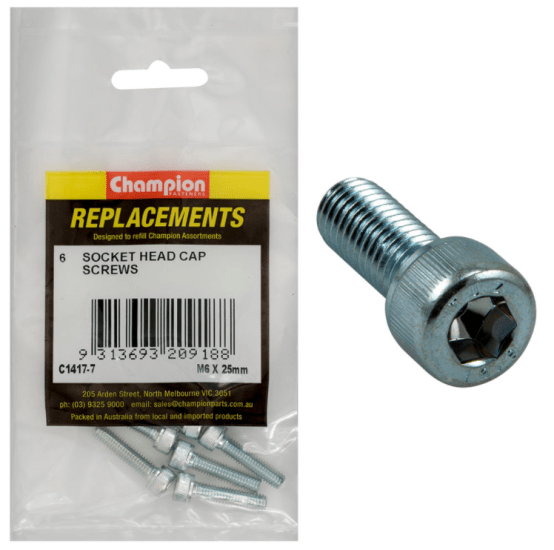 M6 X 25MM stainless steel socket head cap screws in a pack of 6, designed for durable fastening in various applications.