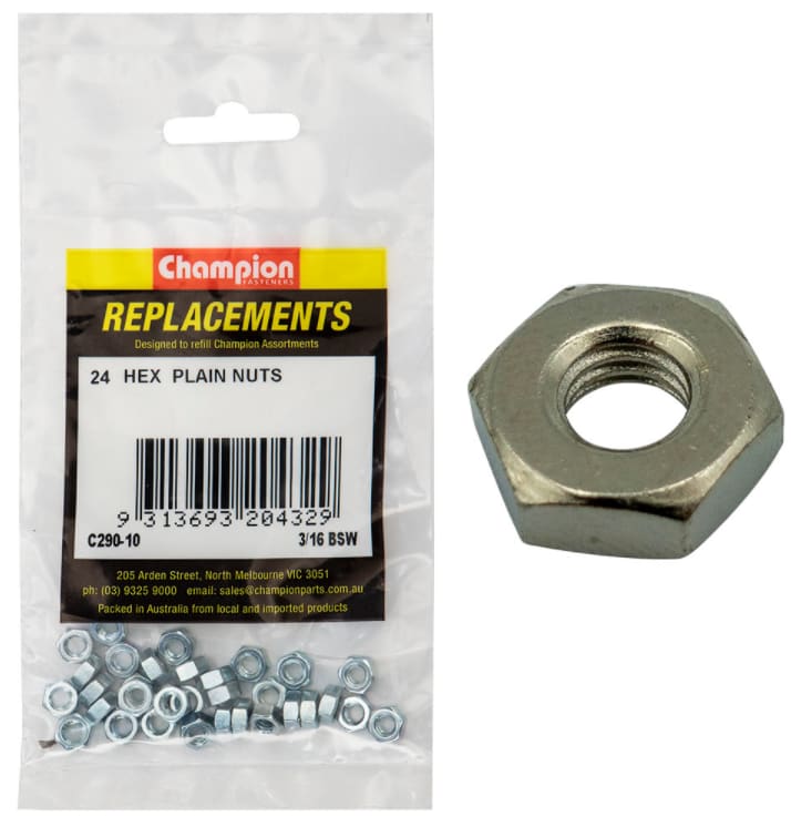 3/16 BSW Hex Plain Nuts 24PK