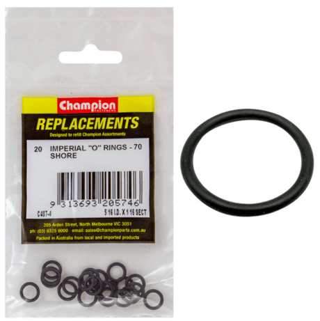 Champion 5/16in x 1/16in O-Ring 20 Pack, durable seals for plumbing and automotive use, reliable for various repairs.