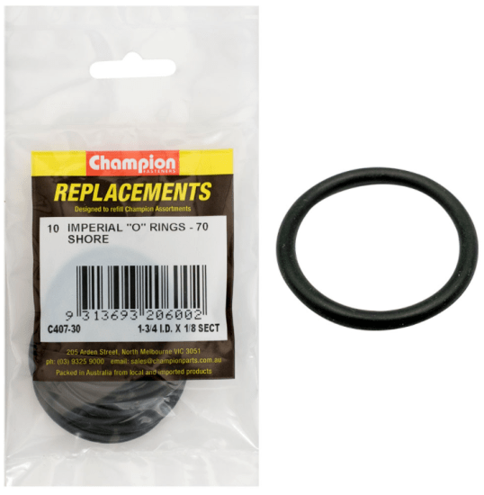 Champion 1-3/4in x 1/8in Imperial O-Ring 10 Pack, designed for optimum sealing in plumbing, automotive, and appliance repairs.