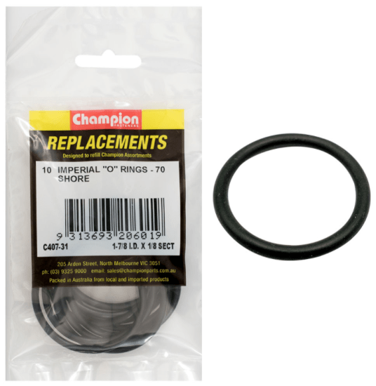 Champion 1-7/8in x 1/8in Imperial O-Ring pack, 10 durable seals for plumbing, automotive, and DIY projects.