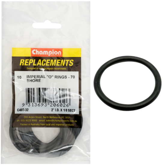 Champion 2in x 1/8in Imperial O-Ring 10 Pack for reliable sealing in plumbing, automotive, and industrial applications.