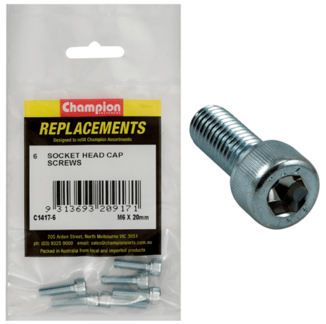 M6 x 20MM socket head cap screws in a 6-pack, featuring premium strength and corrosion-resistant finish for durable fastening.