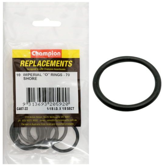 Champions 1-1/8in x 1/8in O-Ring 10 Pack, durable rubber seals ideal for plumbing, automotive, and industrial applications.