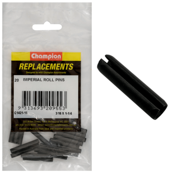 Champion 3/16in x 1-1/4in Roll Pin-20 Pack for robust fastening in machinery, automotive, and crafting projects.