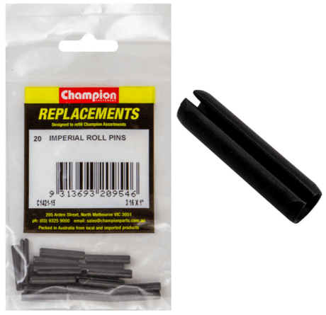 Champion 3/16in x 1in Roll Pin 20 Pack, durable fasteners for woodworking, repairs, and automotive applications.