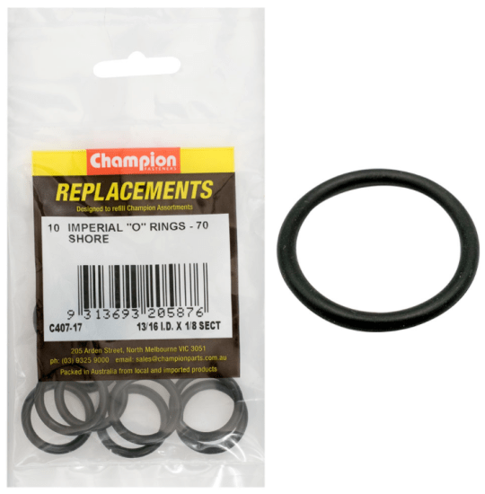 Champion 13/16in x 1/8in Imperial O-Ring 10 Pack for reliable sealing in hydraulic, pneumatic, and automotive systems.