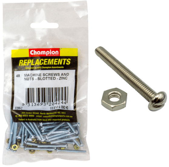 Zinc-coated 1/8 x 1-1/4 machine screws and nuts in a pack of 48, ideal for DIY, woodworking, and electronic assembly.