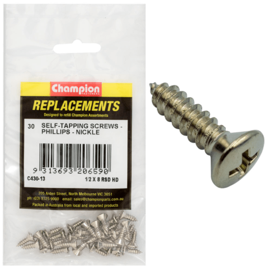 Premium 1/2 x 8 RSD HD self-tapping screws in nickel finish, pack of 30, designed for easy installation in multiple materials.