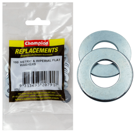 1/4 Metric & Imperial Flat Washers in a 150-pack, perfect for securing fasteners and distributing loads in various projects.