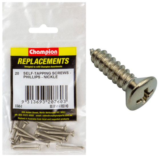 A packet of 20 corrosion-resistant 8G X 1-1/4 self-tapping screws, ideal for quick installation in wood, plastic, and metal.