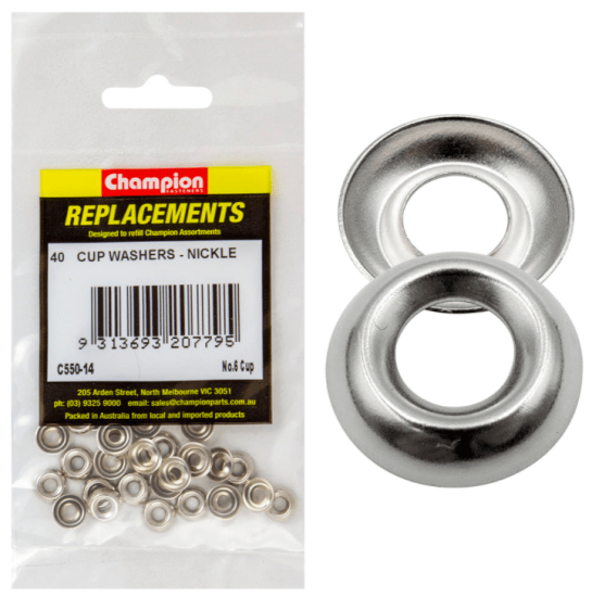 Nickel-plated No.6 cup washers, 40-pack, designed for durable support in various DIY and professional applications.